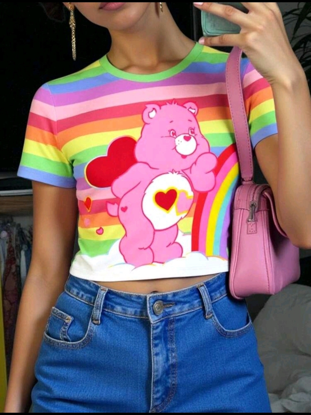 Rainbow Striped Crop Top with Pink Care Bear